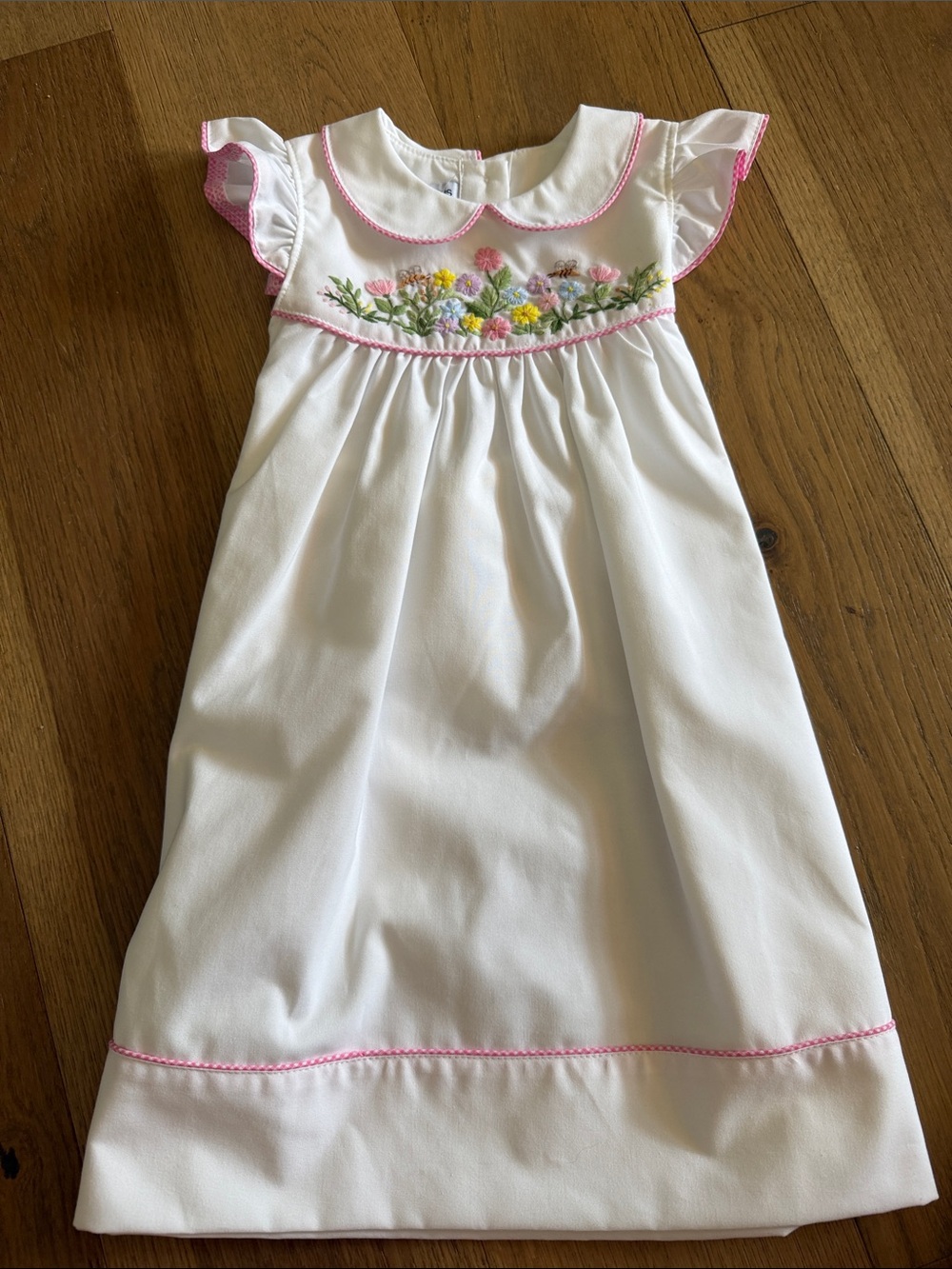 Sweet Dreams White Dress with Pink Trim and Floral Embroidery